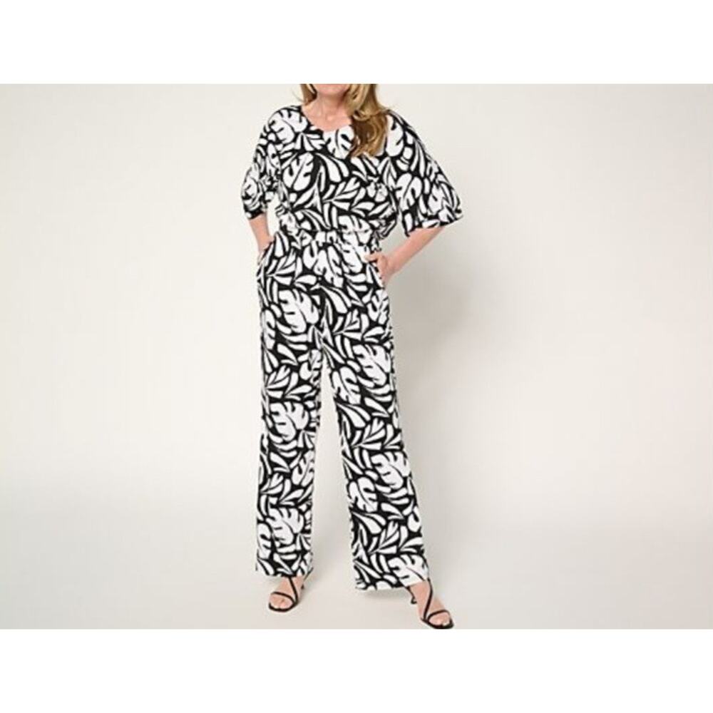 Brandis Size Tall Med Black White Leaf Dolman Sleeve Knit Jumpsuit A689789 NWOT